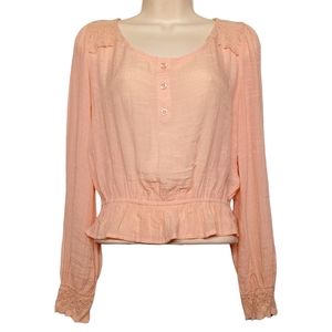 MINE Light Peach Pink Long Sleeve Lace Back Stretchy Top Medium